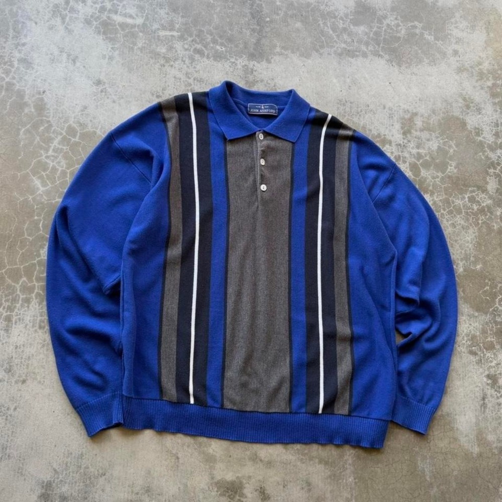 Vintage 90's Royal Blue John Ashford boxy fit knit polo long sleeve sweater